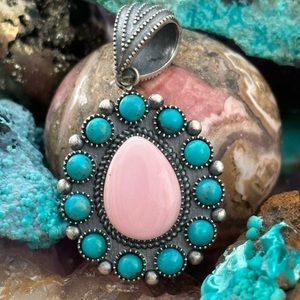 Pink conch turquoise sterling silver southwestern pendant